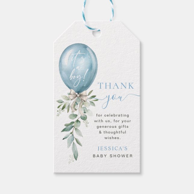 Étiquettes-cadeau Blue Balloon Bow Greenery Baby Shower Thank You (Devant)