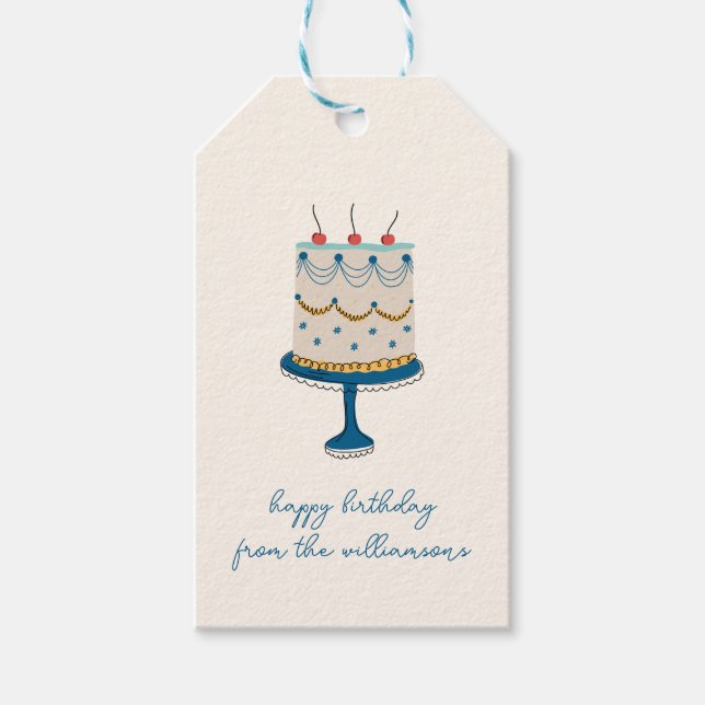 Étiquettes-cadeau Blue Birthday Cake Doodle Cute From Family Name (Devant)