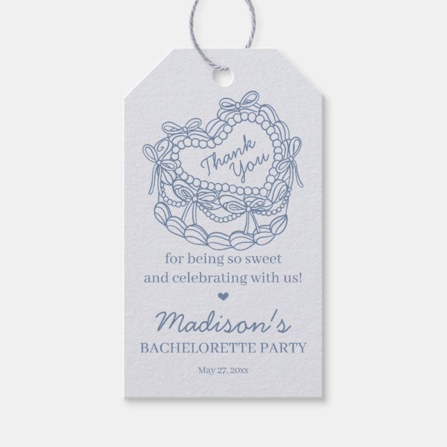 Étiquettes-cadeau Blue Bow Retro Coquette Coquette gâteau Bacheloret (Devant)
