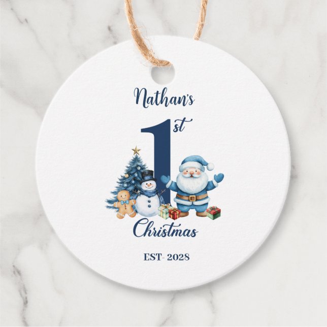 Étiquettes Cadeau Blue Boy Premier Noël (Devant)