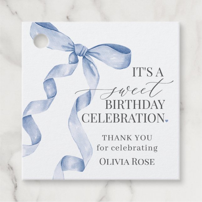 Étiquettes Cadeau Blue Coquette Bow Girl Birthday Party (Devant)
