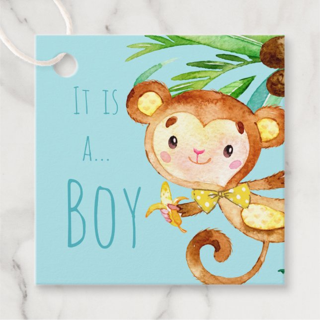 Étiquettes Cadeau Blue Cute Monkey Baby Boy Faire-part 2 (Devant)