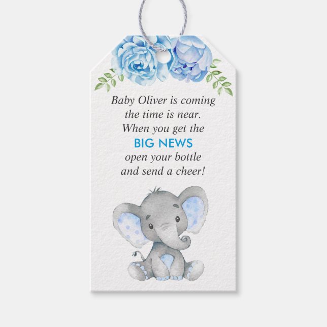 Étiquettes-cadeau Blue Elephant Baby Boy Douche Mini Bouteille Favor (Devant)