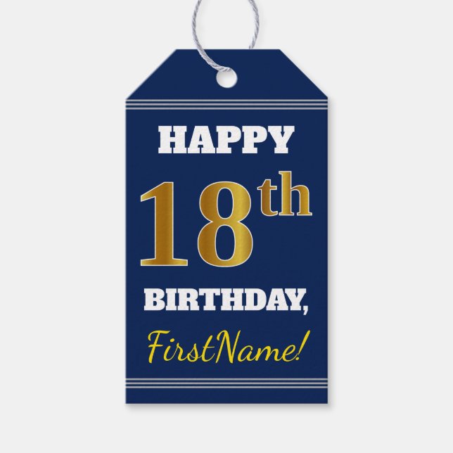 Étiquettes-cadeau Blue, Faux Gold 18e anniversaire + Nom personnalis (Devant)