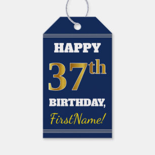 Étiquettes-cadeau Blue, Faux Gold 37th Birthday + Nom personnalisé