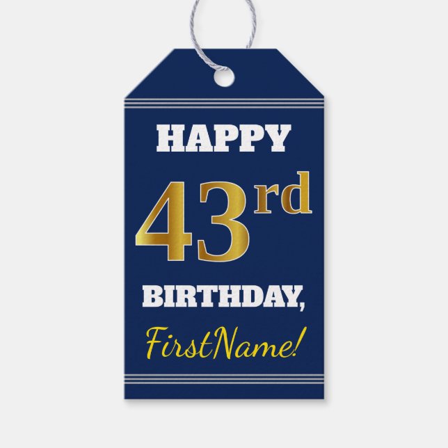 Étiquettes-cadeau Blue, Faux Gold 43ème anniversaire + Nom personnal (Devant)