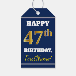 Étiquettes-cadeau Blue, Faux Gold 47th Birthday + Custom Name