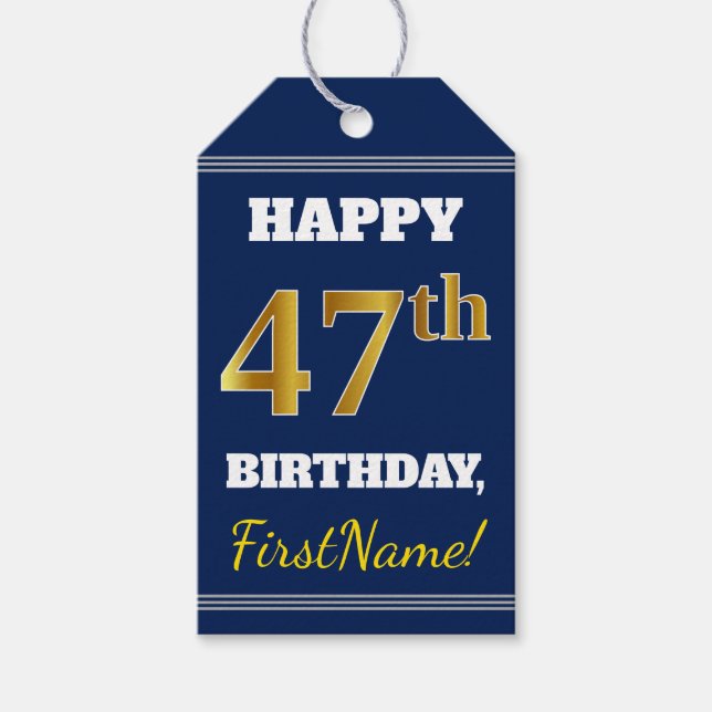 Étiquettes-cadeau Blue, Faux Gold 47th Birthday + Nom personnalisé (Devant)