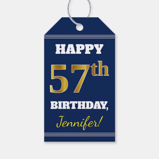 Étiquettes-cadeau Blue, Faux Gold 57th Birthday + Nom personnalisé (Devant)