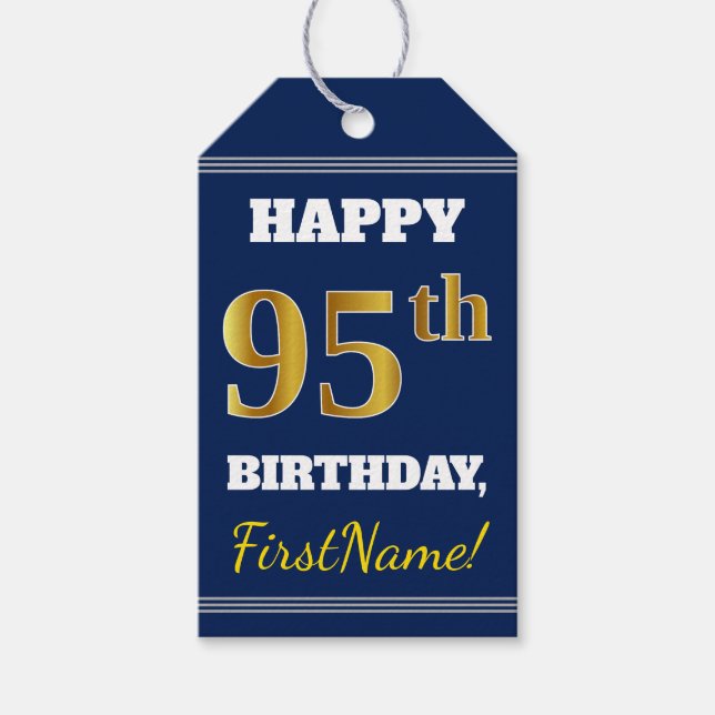 Étiquettes-cadeau Blue, Faux Gold 95e anniversaire + Nom personnalis (Devant)