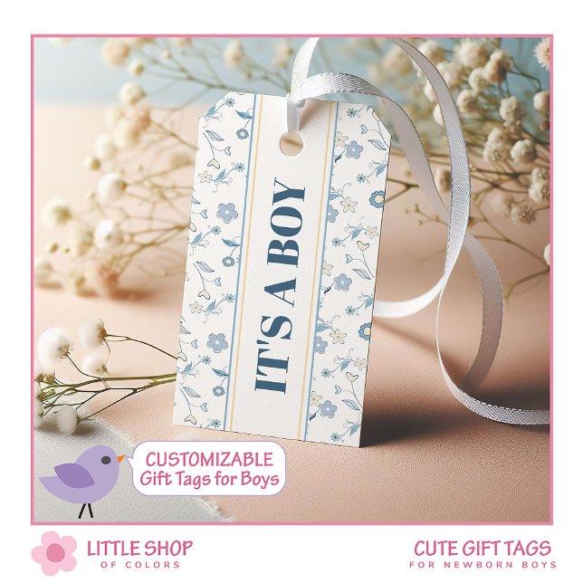 Étiquettes-cadeau Blue Floral C'est un garçon Baby shower personnali (Créateur téléchargé)