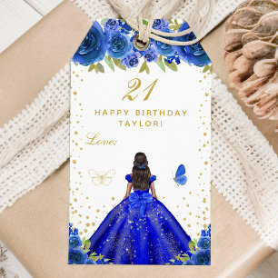 Étiquettes-cadeau Blue Floral Dark Skin Girl Joyeux anniversaire