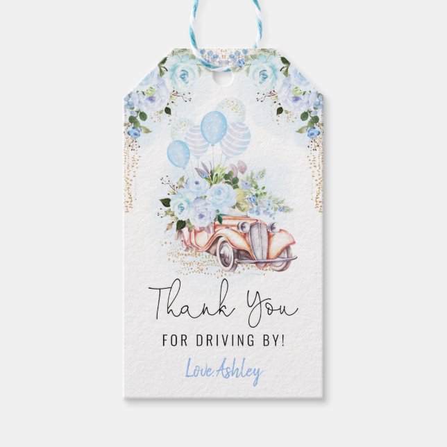 Étiquettes-cadeau Blue Floral Drive By Merci Favoriser la quarantain (Devant)