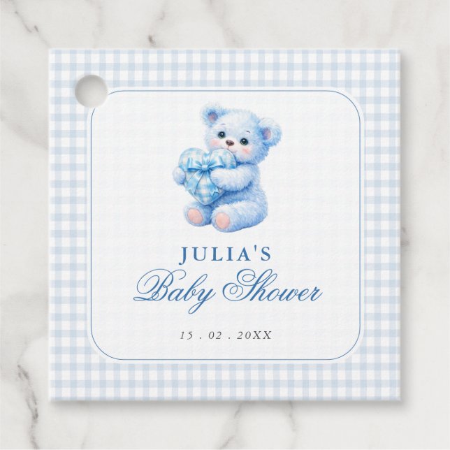 Étiquettes Cadeau Blue Gingham Teddy Bear Neutral Baby Shower (Devant)