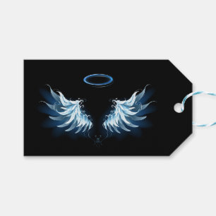 Étiquettes-cadeau Blue Glowing Angel Wings on black background