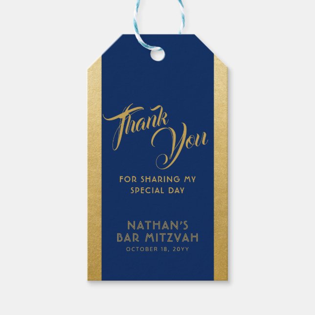 Étiquettes-cadeau Blue Gold Bar Mitzvah Favoriser le Merci (Devant)