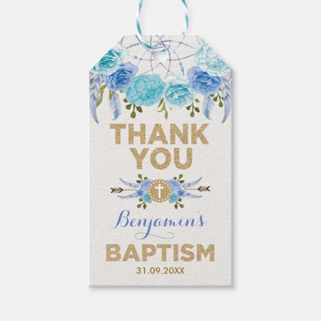 Étiquettes-cadeau Blue Gold Floral Dreamcatcher Baptême Christening (Devant)