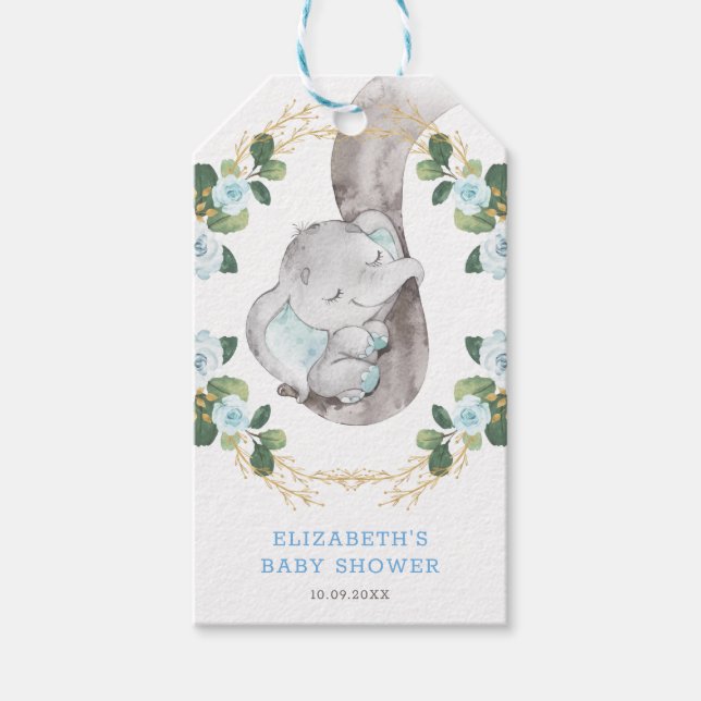 Étiquettes-cadeau Blue Gold Floral Jungle Eléphant Douche Anniversai (Devant)