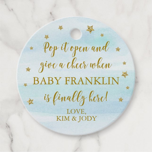 Étiquettes Cadeau Blue & Gold Stars Pop It Open Baby shower (Devant)