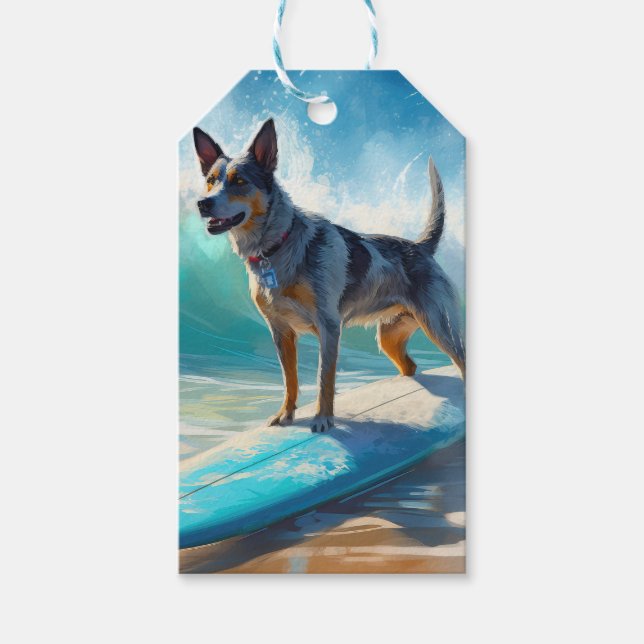 Étiquettes-cadeau Blue Heeler Beach Surfing Peinture (Devant)
