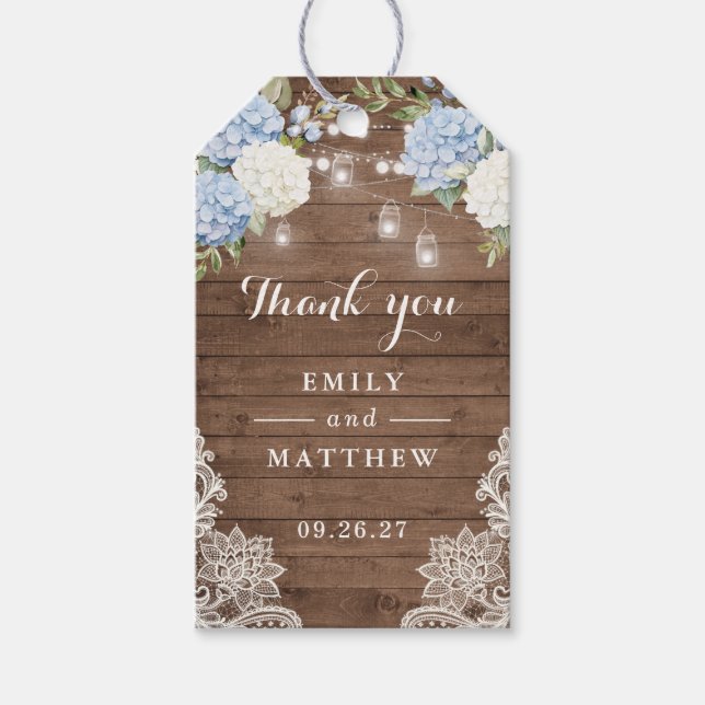 Étiquettes-cadeau Blue Hydrangea Rustique dentelle en bois Lumières (Devant)
