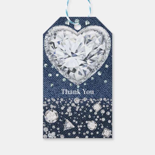 Étiquettes-cadeau Blue Jean Denim & Diamonds Bling Diamond Heart (Devant)