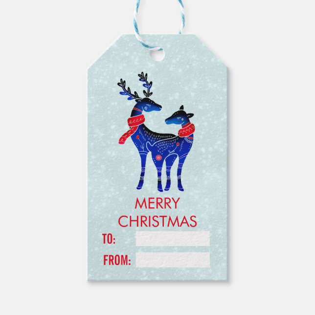 Étiquettes-cadeau Blue Nordic Christmas Reindeer Pair (Devant)