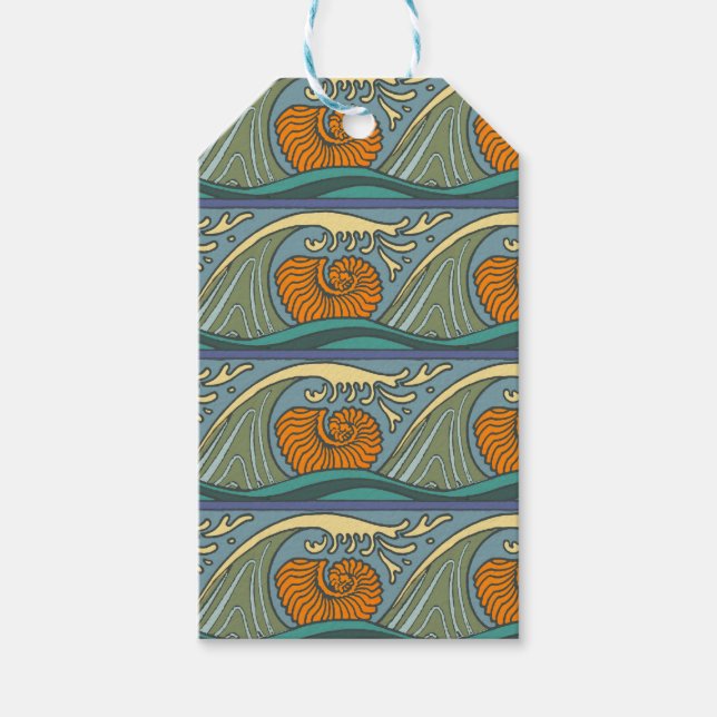 Étiquettes-cadeau Blue Ocean Waves Nautilus Seashell Motif Nouveau (Devant)