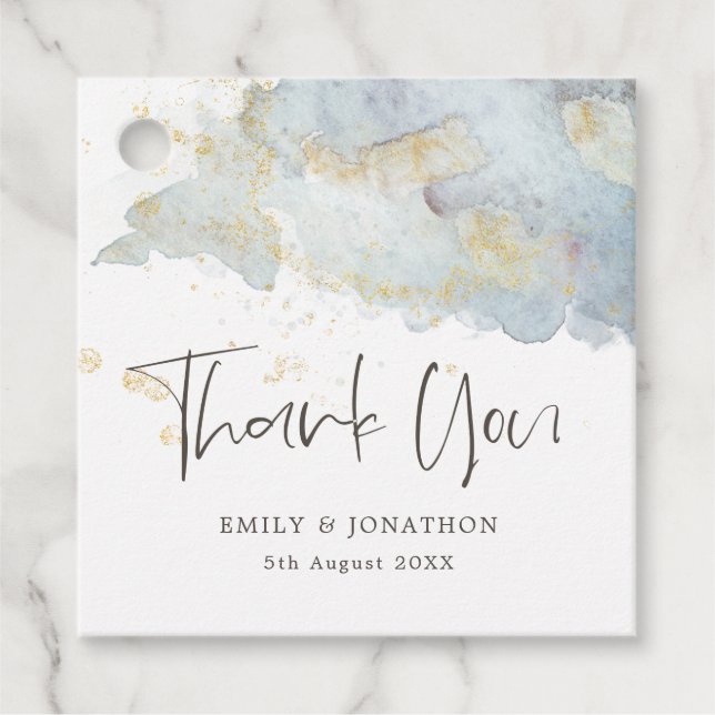 Étiquettes Cadeau Blue Ombre Gold Modern Script Name, message mariag (Devant)