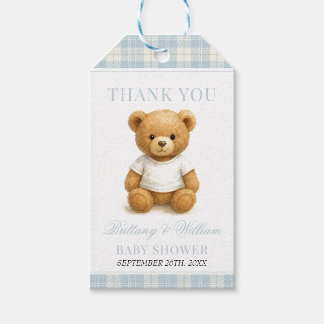 Étiquettes-cadeau Blue Preppy Bear Moderne Baby shower plaqué (Devant)