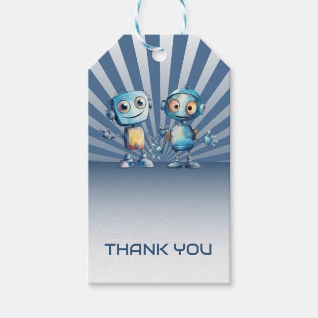 Étiquettes-cadeau Blue Robot thème Anniversaire Merci (Devant)