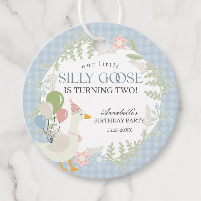 Étiquettes Cadeau Blue Silly Goose Floral En vichy fête d'anniversai (Devant)