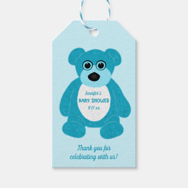 Étiquettes-cadeau Blue Teddy Bear Baby shower personnalisé (Devant)