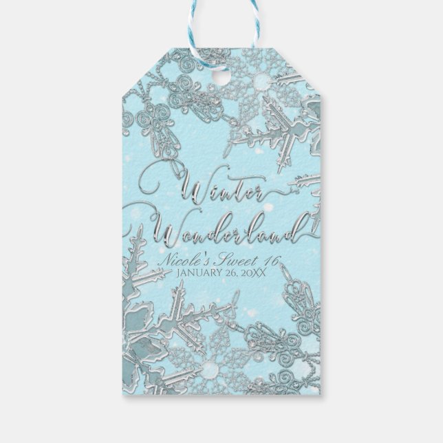 Étiquettes-cadeau Blue Winter Wonderland Élégant Mariage de flocons  (Dos)