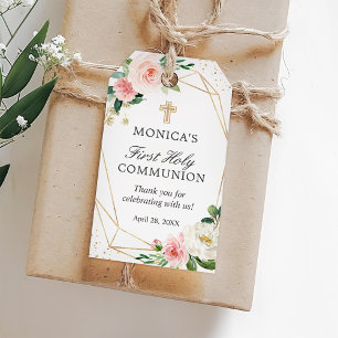 Étiquettes-cadeau Blush Floral de Première Sainte Communion Géométri