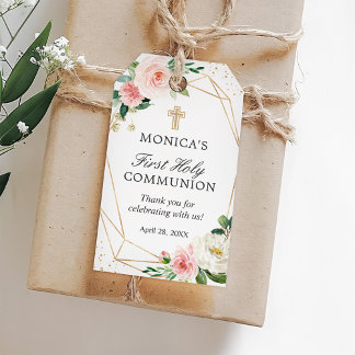 Étiquettes-cadeau Blush Floral de Première Sainte Communion Géométri