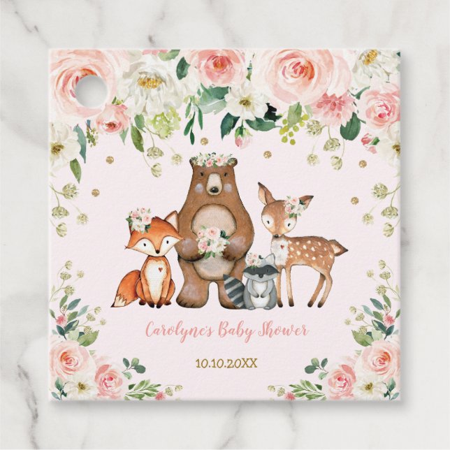 Étiquettes Cadeau Blush Floral Forêt Animaux Bébé Fille (Devant)