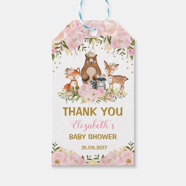 Étiquettes-cadeau Blush Floral Woodland Animaux Baby shower d'annive (Devant)