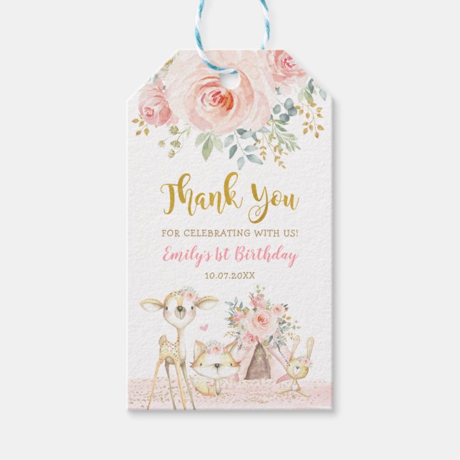 Étiquettes-cadeau Blush Gold Boho Tribal Woodland Animaux Merci (Devant)