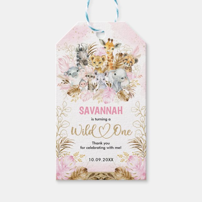 Étiquettes-cadeau Blush Jungle Animaux Wild One Girl 1er anniversair (Devant)
