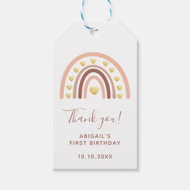 Étiquettes-cadeau Blush Rainbow Premier anniversaire Merci (Devant)