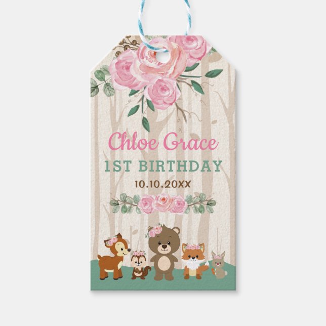 Étiquettes-cadeau Blush Rose Forêt Boisée Animaux Douche d'anniversa (Devant)