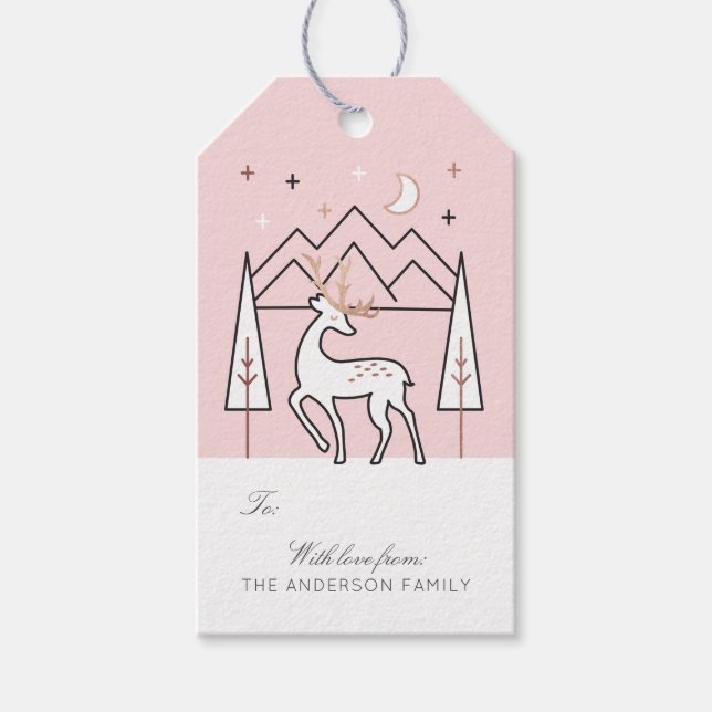 Étiquettes-cadeau Blush Rose Gold Moderne Élégant renne à la nuit (Devant)