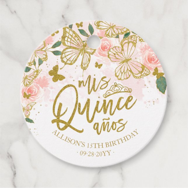Étiquettes Cadeau Blush rose papillon Floral Quinceanera Party (Devant)