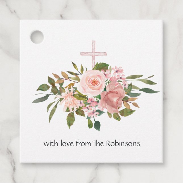 Étiquettes Cadeau Blush Rose & Rose Gold Floral First Holy Communion (Devant)