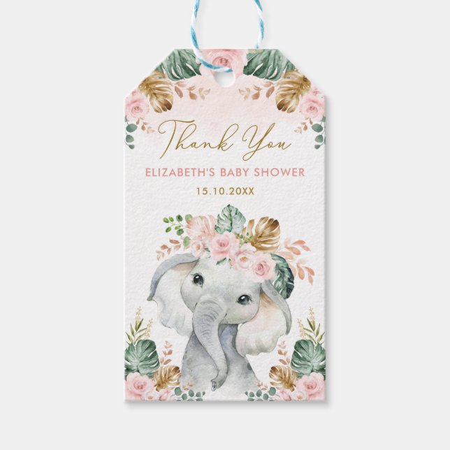 Étiquettes-cadeau Blush Tropical Flower Baby shower fille éléphant (Devant)