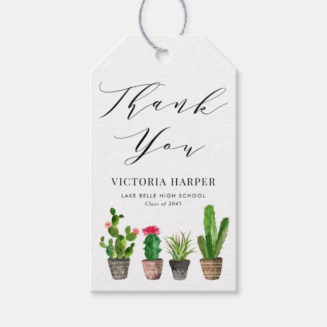 Étiquettes-cadeau Boho Aquarelle Poted Cactus Merci de graduation (Devant)