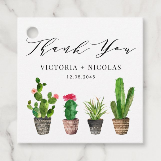 Étiquettes Cadeau Boho Aquarelle Poted Cactus Merci Mariage (Devant)