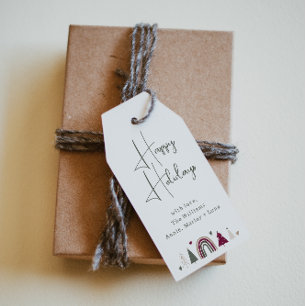Étiquettes-cadeau Boho Arc-en-ciel et Coeurs Joyeux vacances Famille