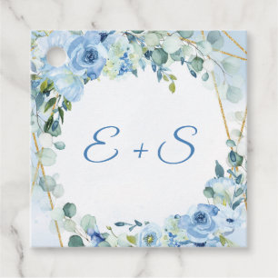 Étiquettes Cadeau Boho bleu fleuri eucalyptus & or nom initiales